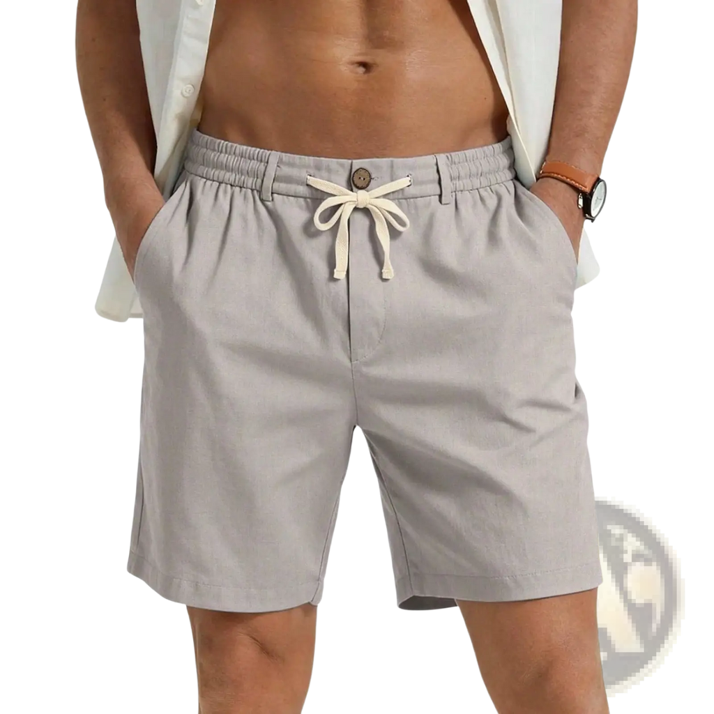 Light gray casual athletic drawstring shorts with relaxed fit elastic waistband and cream-colored drawstrings