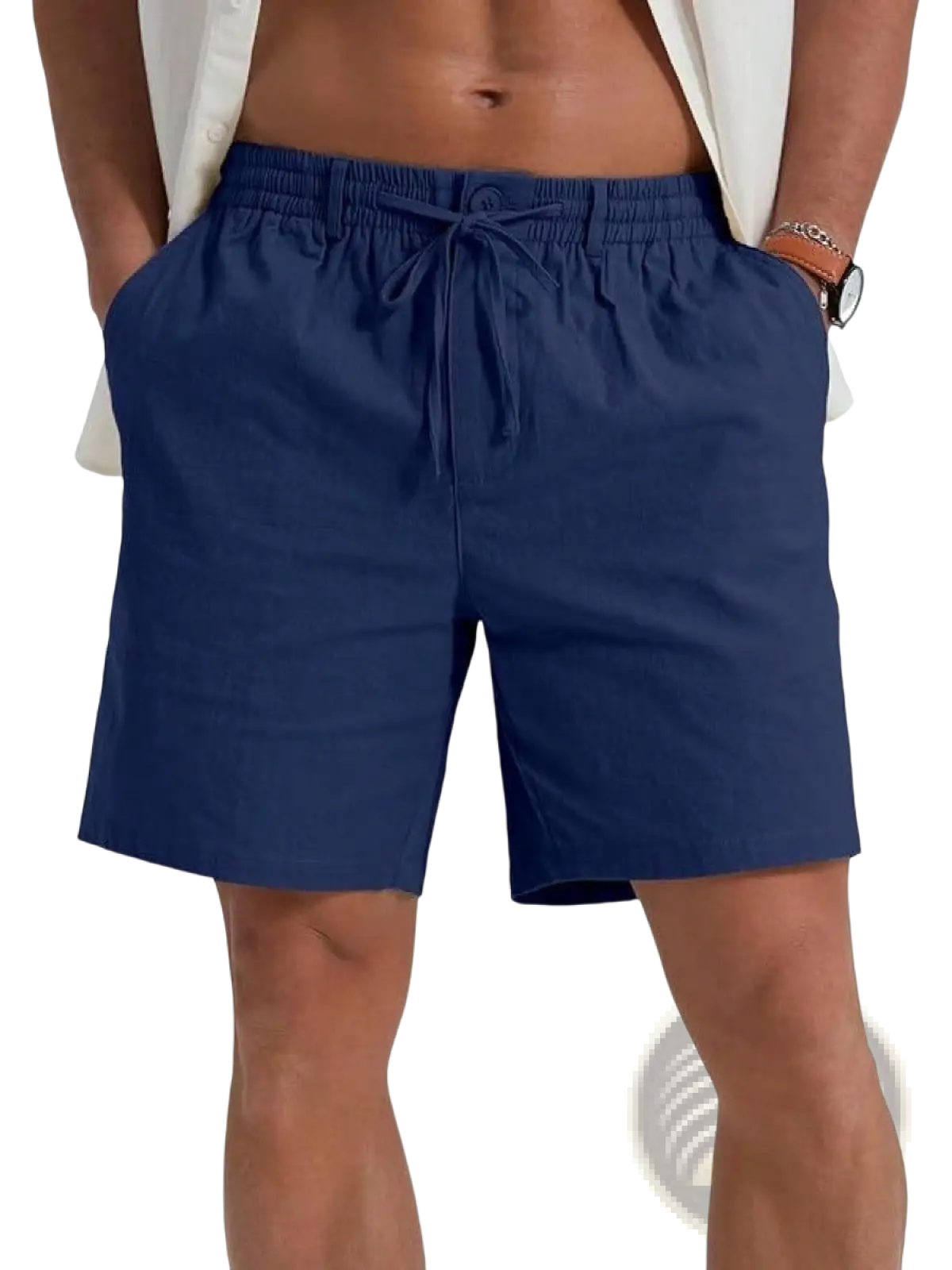 Navy blue casual athletic drawstring shorts made of lightweight fabric with elastic waistband and side pockets