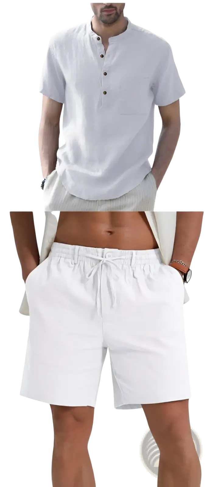 White linen short-sleeved shirt with buttoned placket and chest pocket paired with casual athletic drawstring shorts