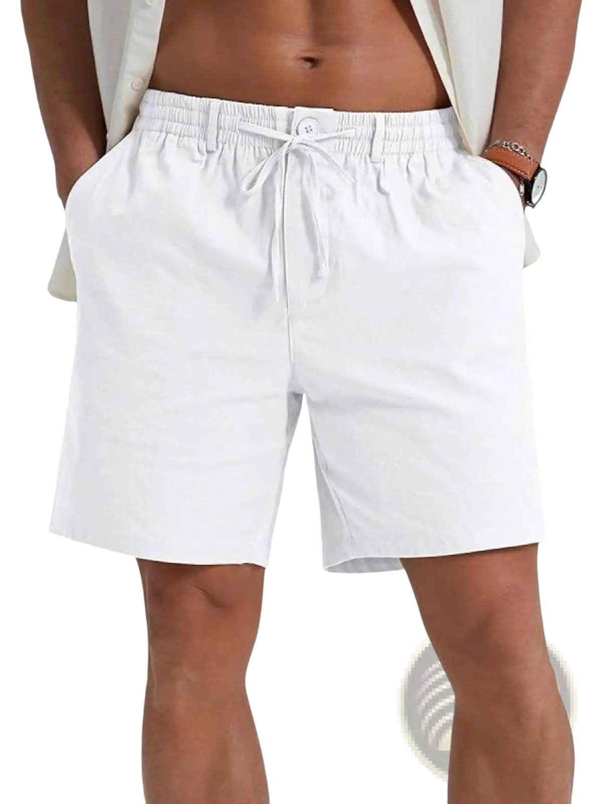 White cotton casual athletic drawstring shorts with an elastic waistband designed for comfortable wear