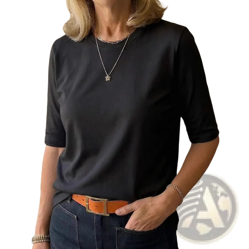 Black casual crew neck pullover top with short sleeves made of soft slightly stretchy fabric