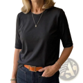Black casual crew neck pullover top with short sleeves made of soft slightly stretchy fabric