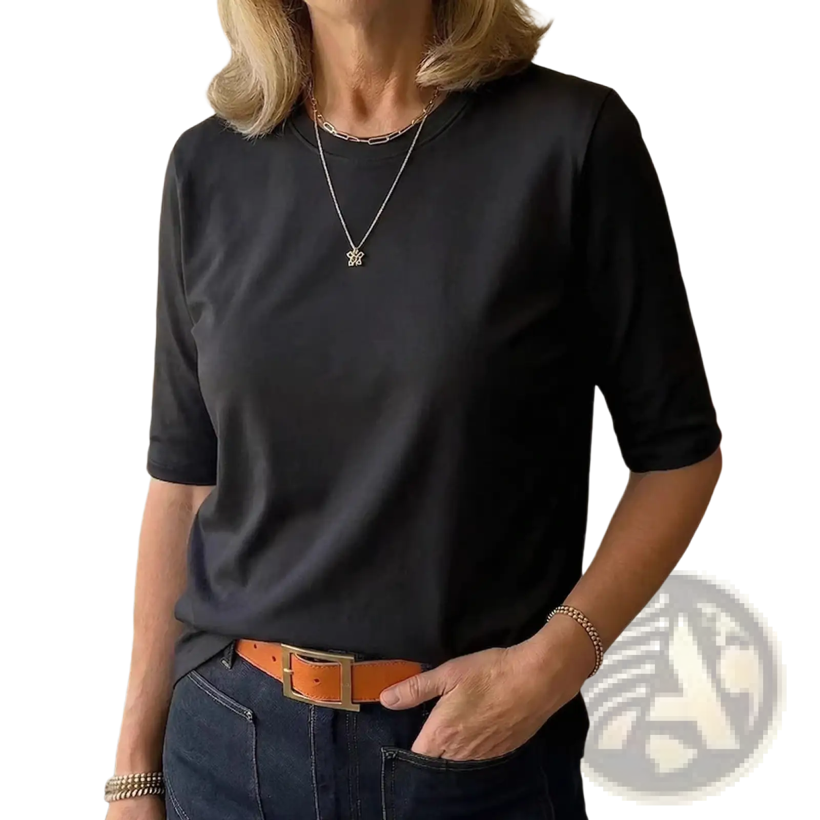 Black casual crew neck pullover top with short sleeves made of soft slightly stretchy fabric