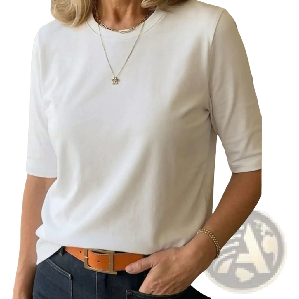 White casual crew neck pullover top with three-quarter sleeves made from soft lightweight fabric for everyday wear