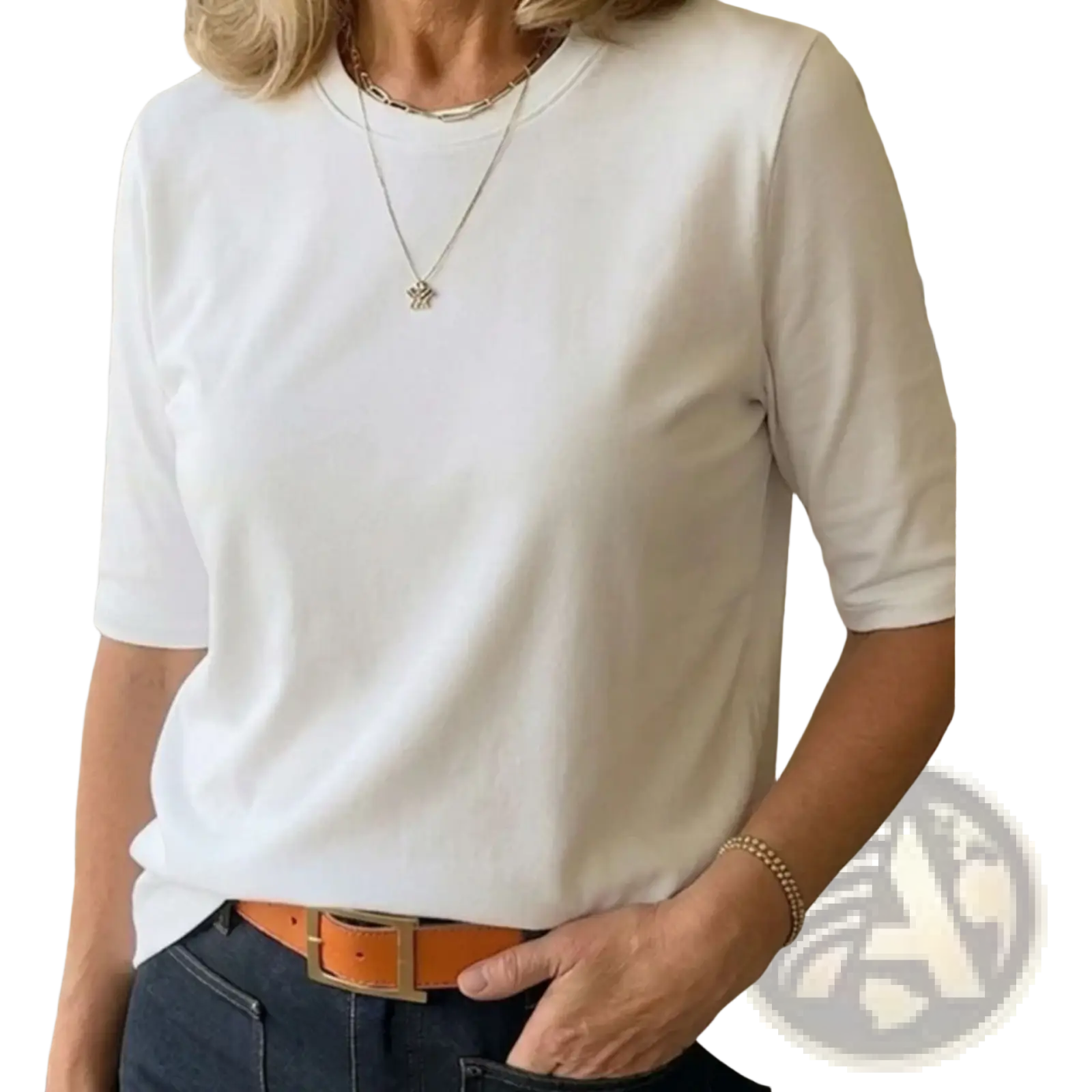 White casual crew neck pullover top with three-quarter sleeves made from soft lightweight fabric for everyday wear