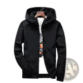 Black casual hooded zipper jacket for men and women made of sleek lightweight fabric with full-length zipper