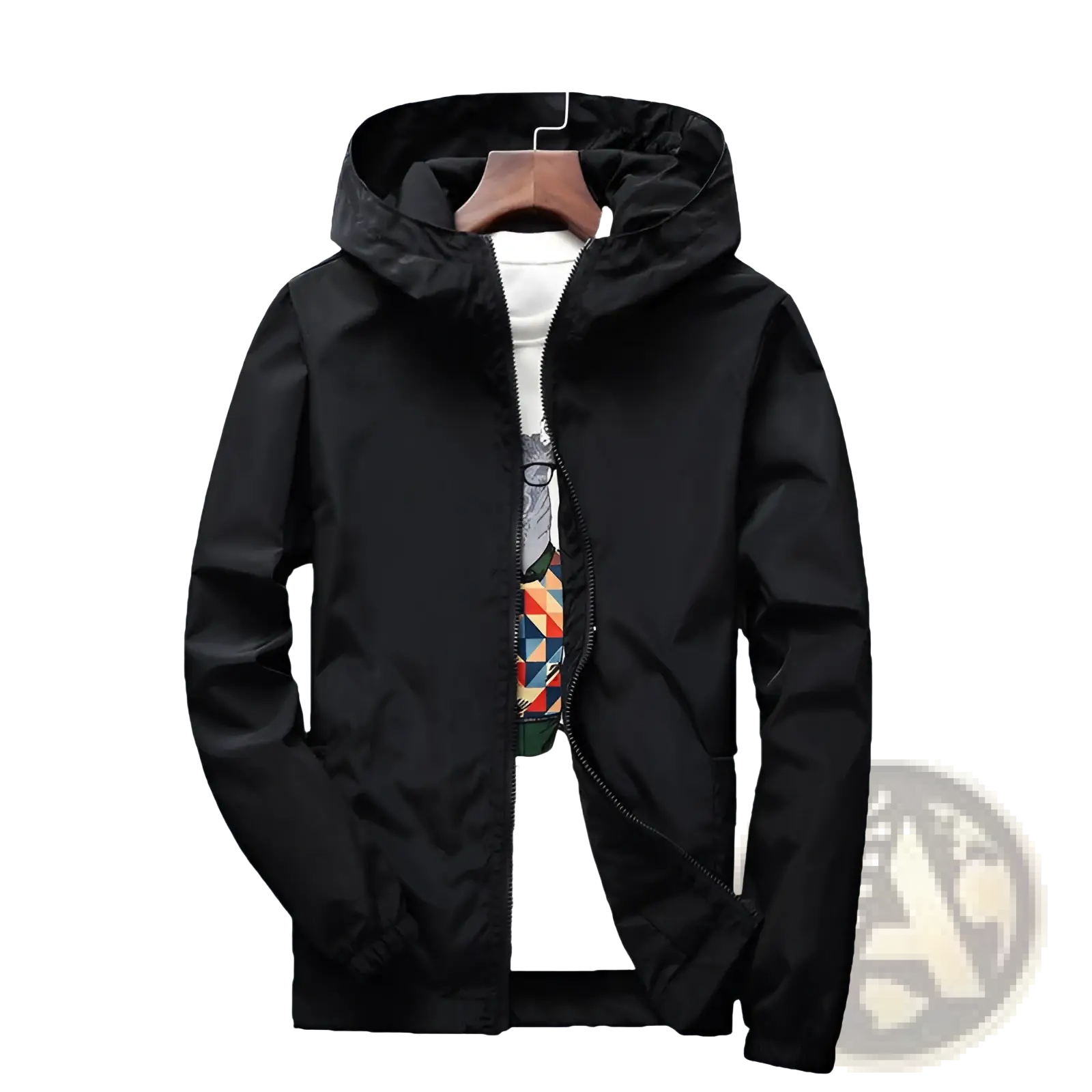 Black casual hooded zipper jacket for men and women made of sleek lightweight fabric with full-length zipper
