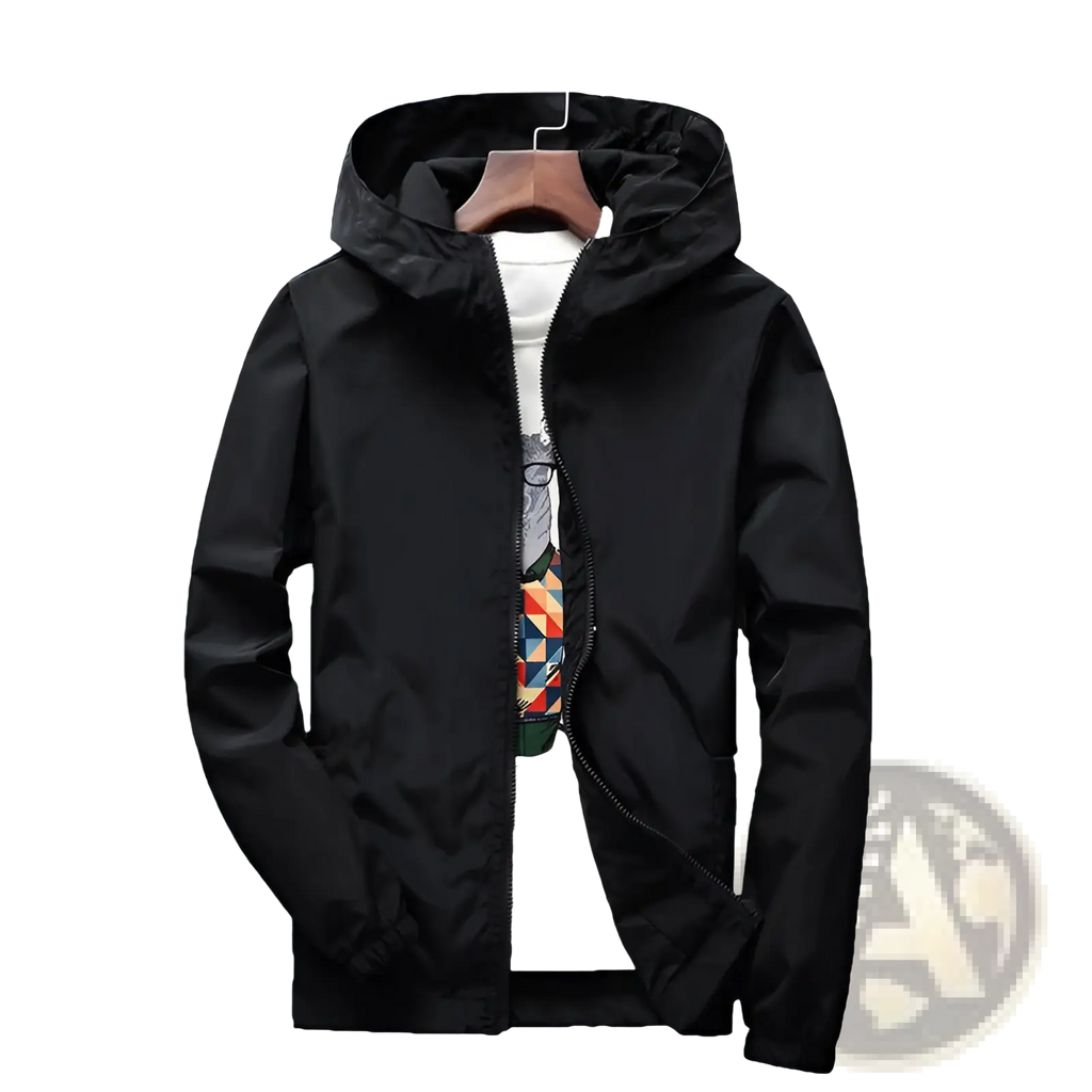 Black casual hooded zipper jacket for men and women with sleek lightweight fabric and full-length zipper front