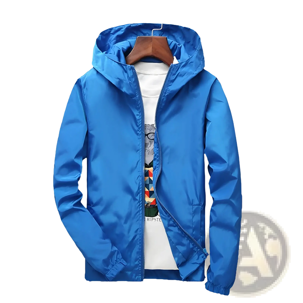 Bright blue casual hooded zipper jacket for men and women made of shiny lightweight fabric with zipper closure