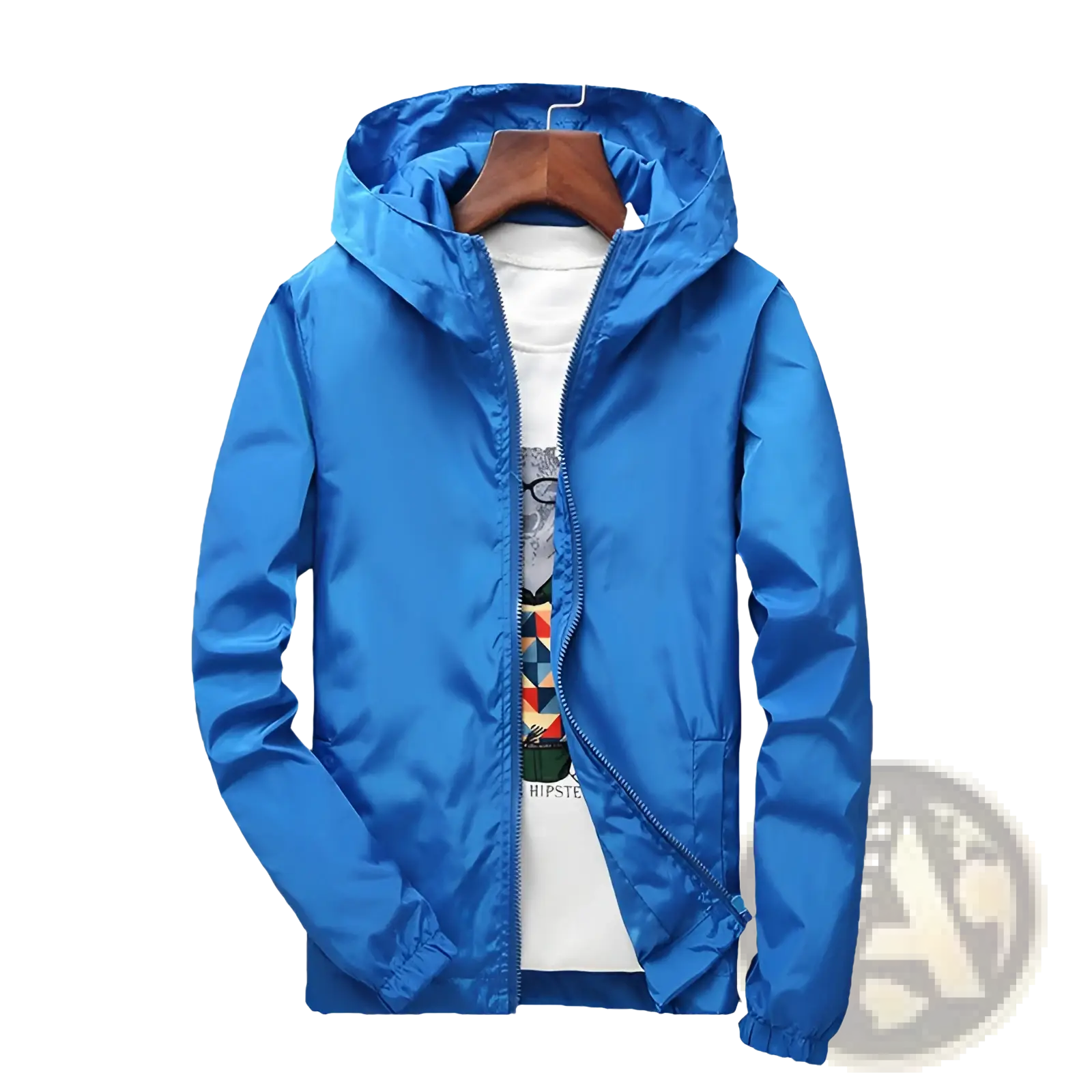Bright blue casual hooded zipper jacket for men and women made of shiny lightweight fabric with zipper closure