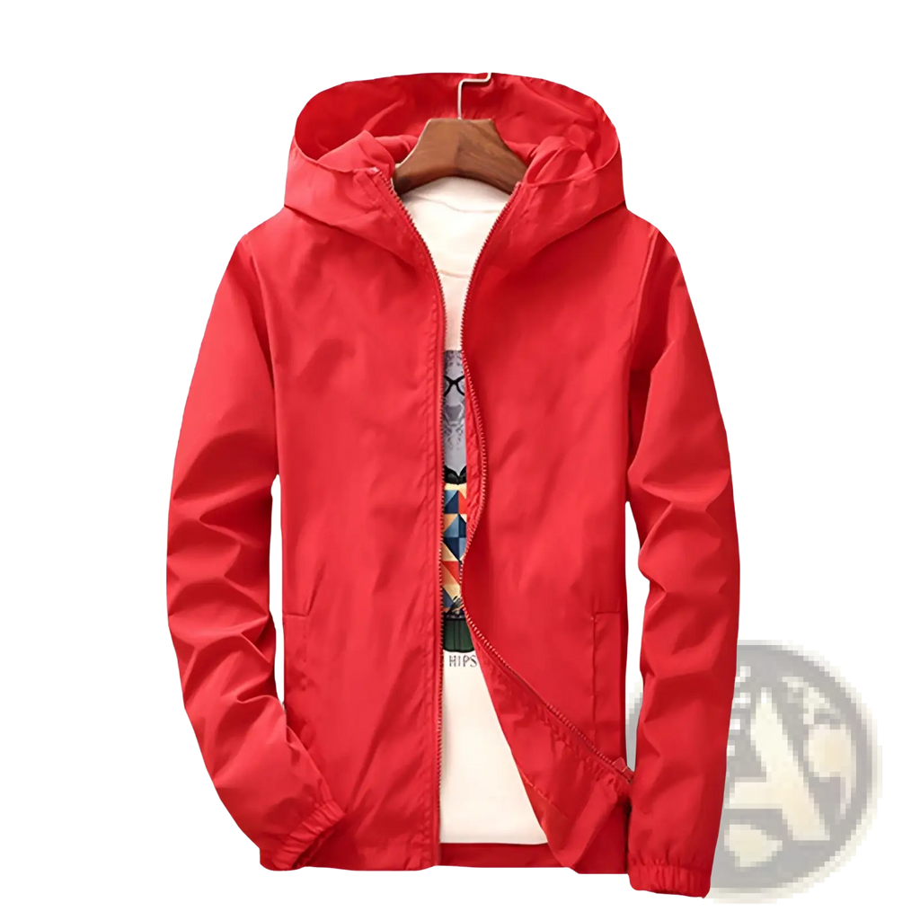 Casual red hooded zipper jacket for men and women with elastic cuffs and front zipper closure