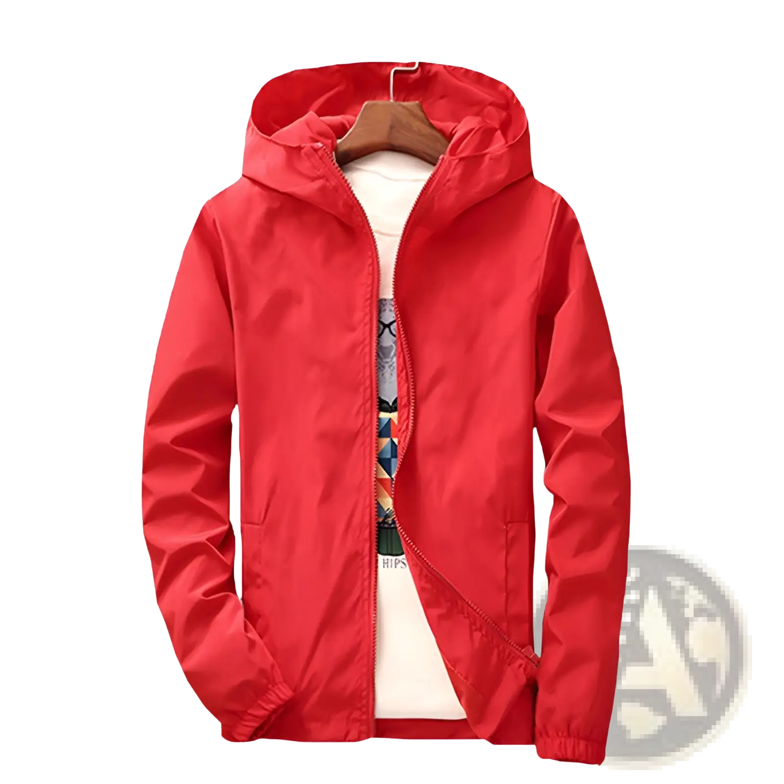Casual red hooded zipper jacket for men and women with elastic cuffs and front zipper closure