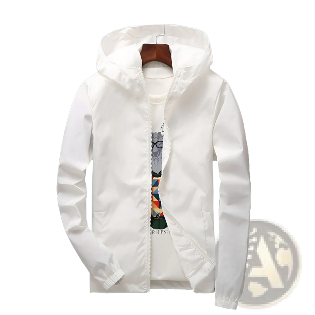 White casual hooded zipper jacket for men and women featuring a front zipper and elastic cuffs