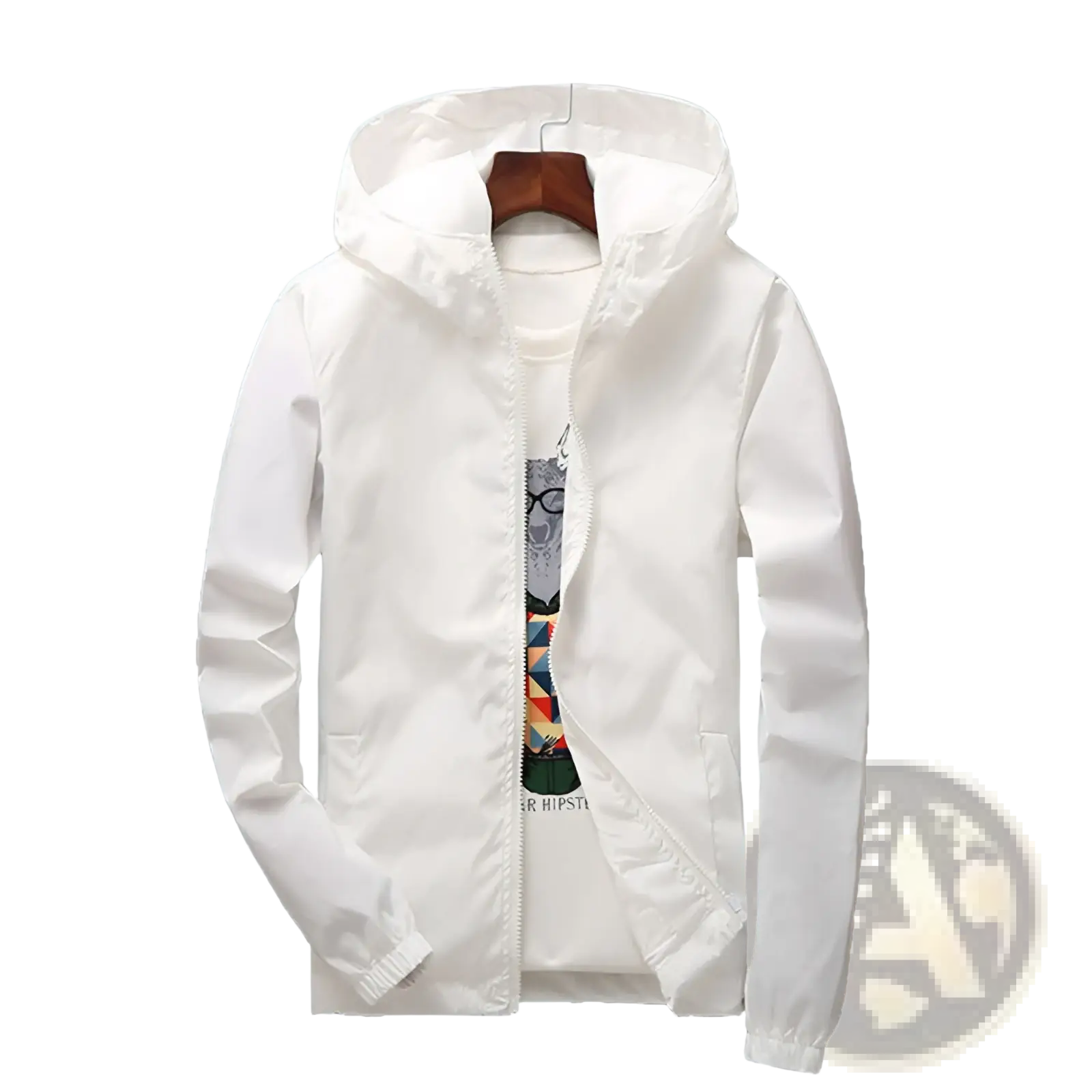 Casual white hooded zipper jacket for men and women with elastic cuffs and front zipper closure