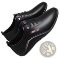 Black leather lace-up casual flat sneakers with silver and red branding details, lightweight and breathable design