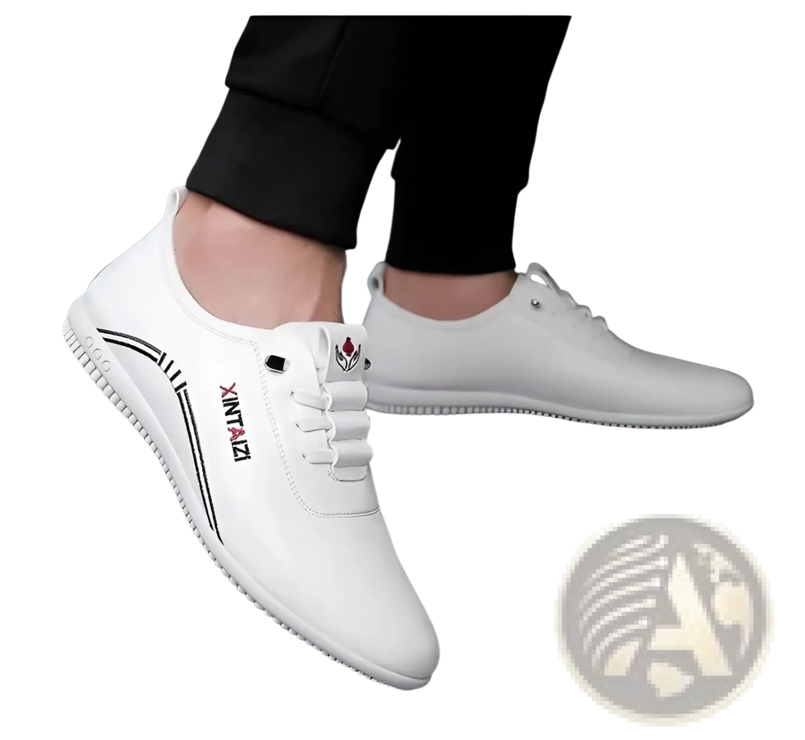 White leather casual flat sneakers with black branding and stitching details lightweight breathable design