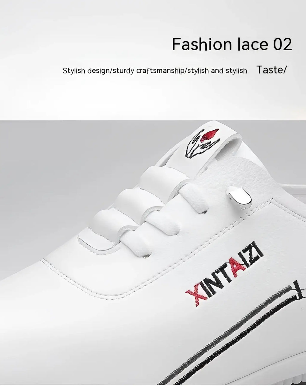 White xintaizi casual leather flat sneaker with lace-up design lightweight breathable featuring black embroidered branding
