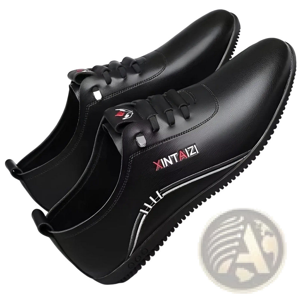 Black leather lace-up casual flat sneakers with silver and red branding details lightweight and breathable