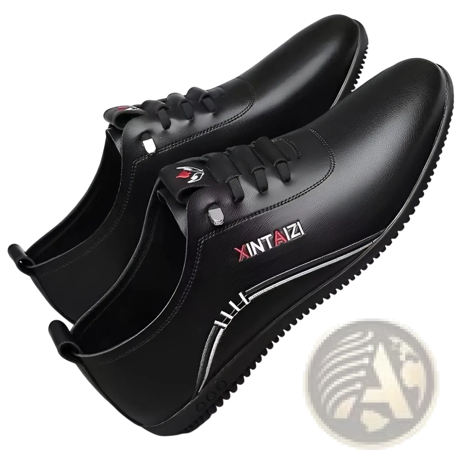 Black leather lace-up casual flat sneakers with silver and red branding details lightweight and breathable