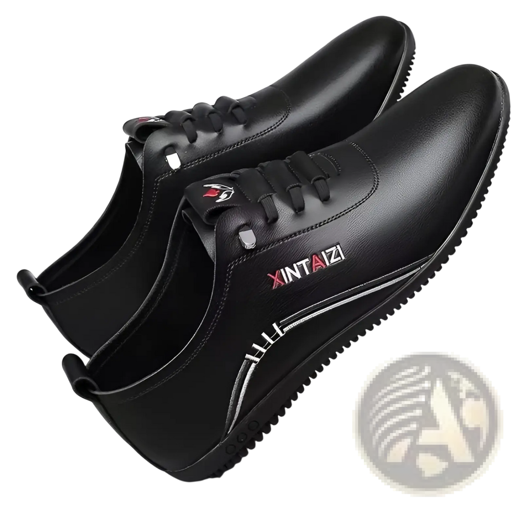 Black leather casual flat sneakers with lace-up design and red and white branding, lightweight and breathable