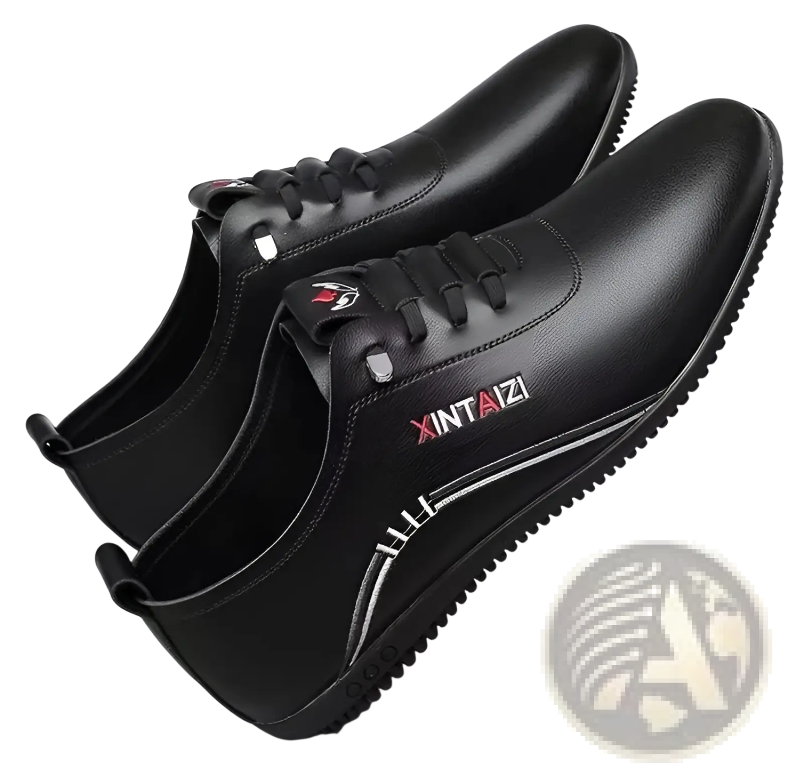 Black leather casual flat sneakers with lace-up design and red and white branding, lightweight and breathable