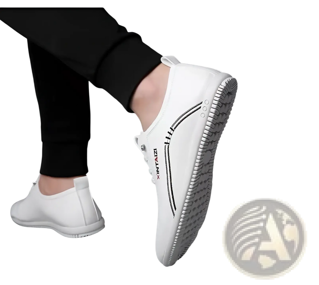White xintaizi casual leather flat sneakers with black stitching and textured rubber sole lightweight breathable design