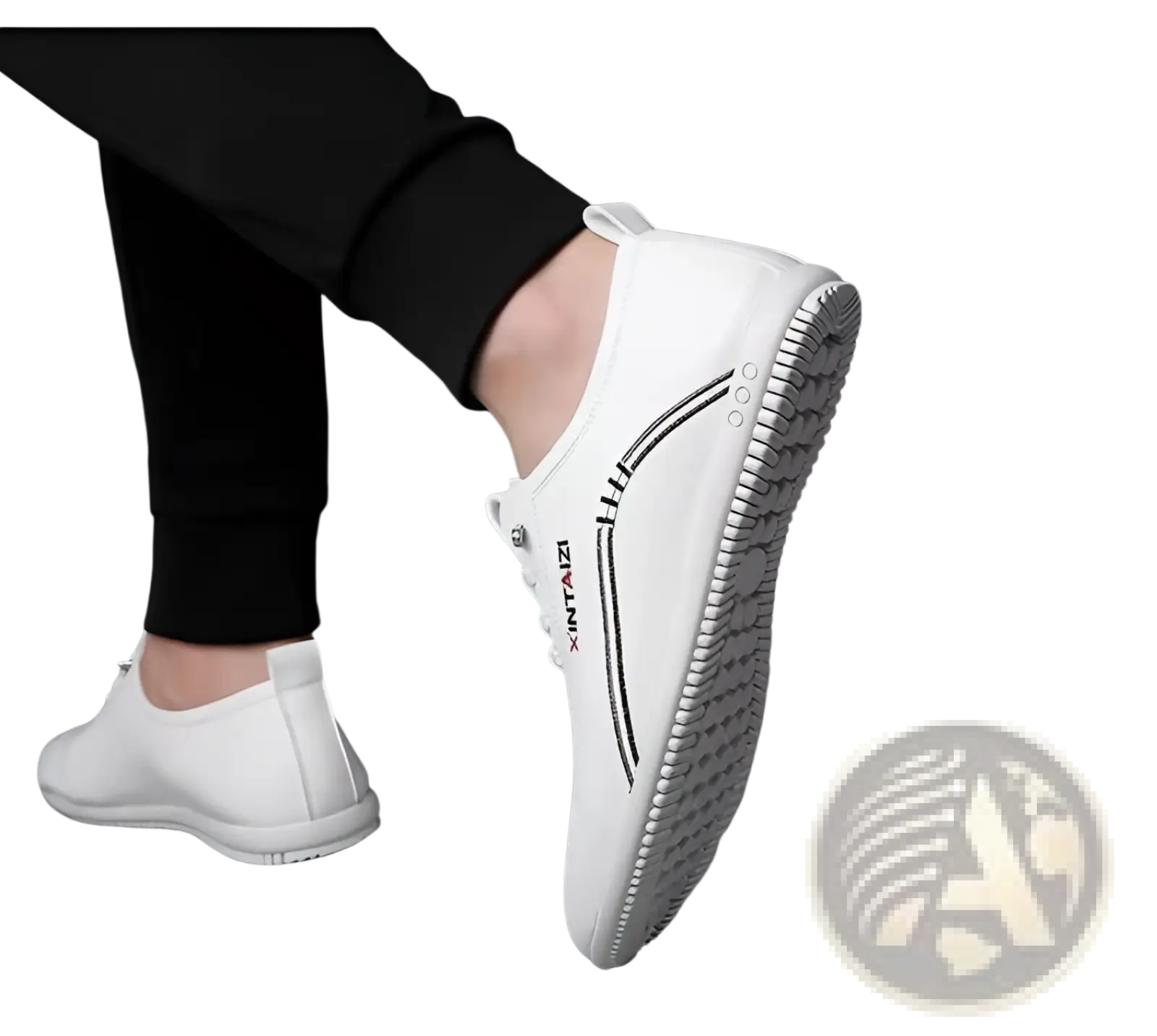 White xintaizi casual leather flat sneakers with black stitching and textured rubber sole lightweight breathable design