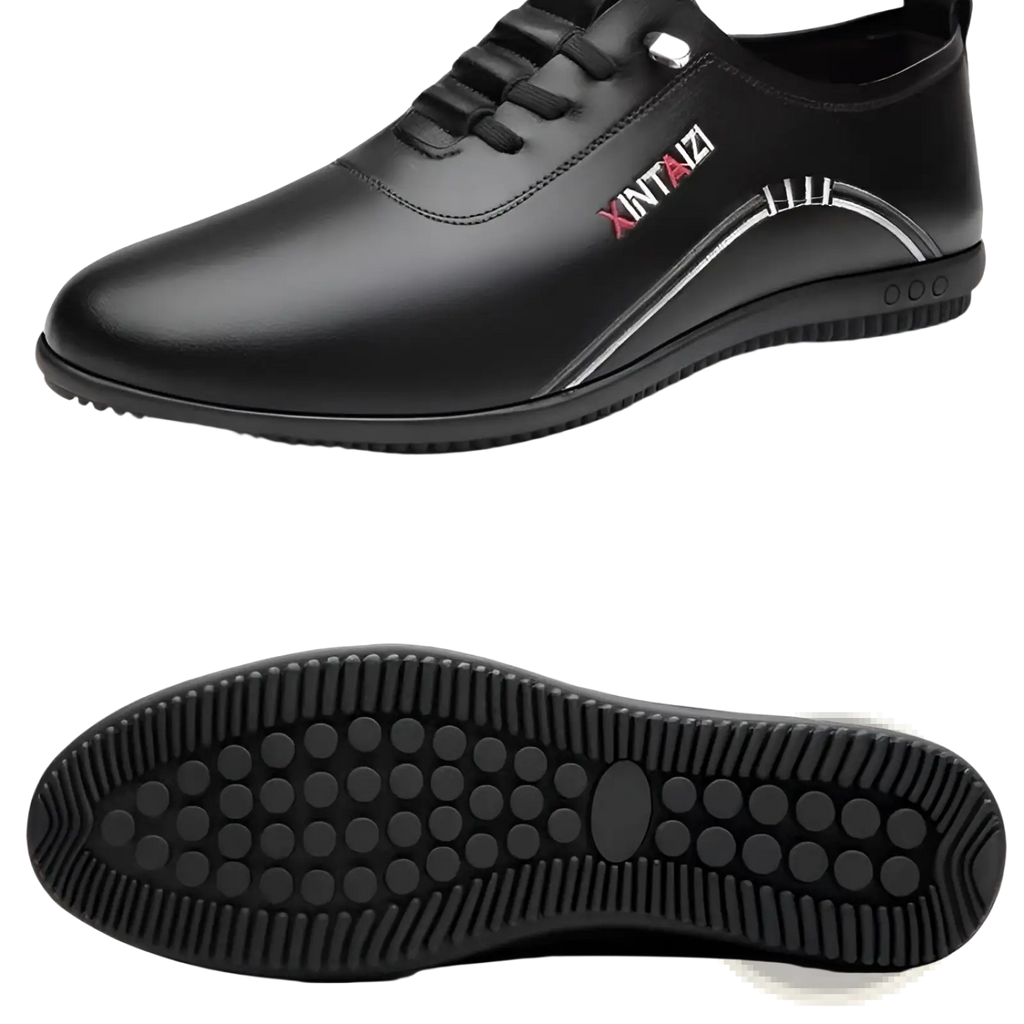Black leather casual flat sneaker with lightweight breathable design, white stitching, and red branding on the side
