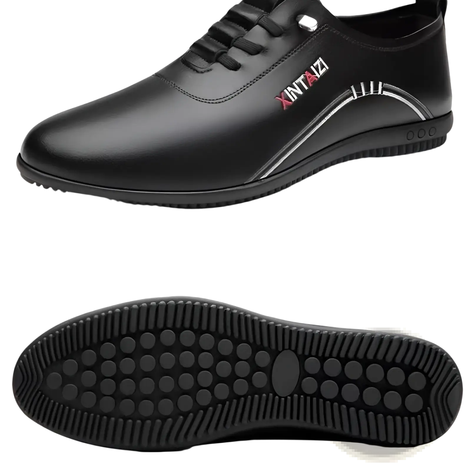 Black leather casual flat sneaker with lightweight breathable design, white stitching, and red branding on the side