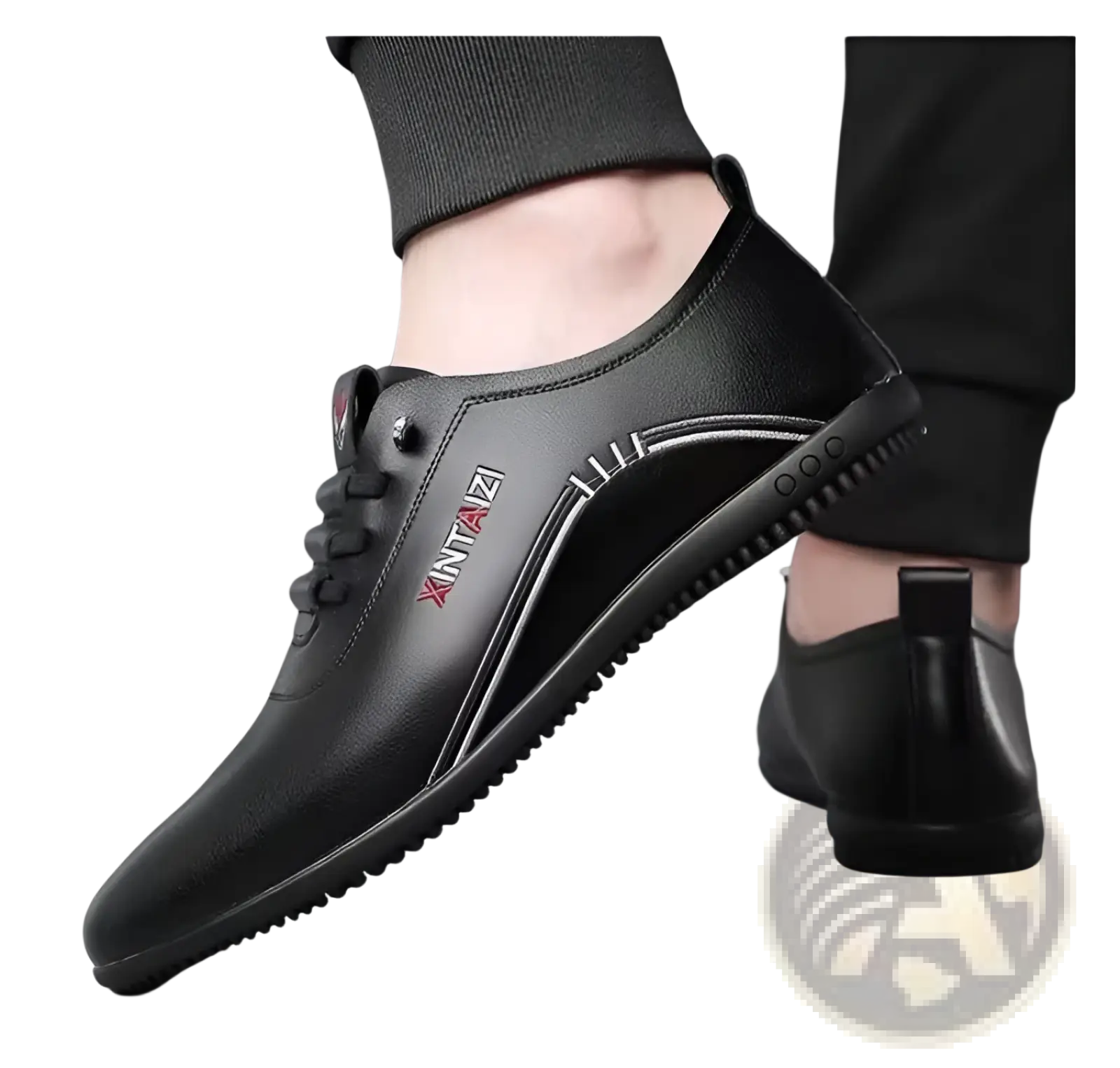 Black leather lace-up casual flat sneakers with red and white branding, lightweight and breathable for everyday wear