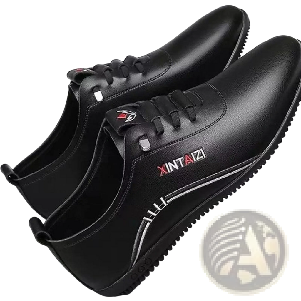 Black leather lace-up casual flat sneakers with lightweight breathable design and red and white branding on the side