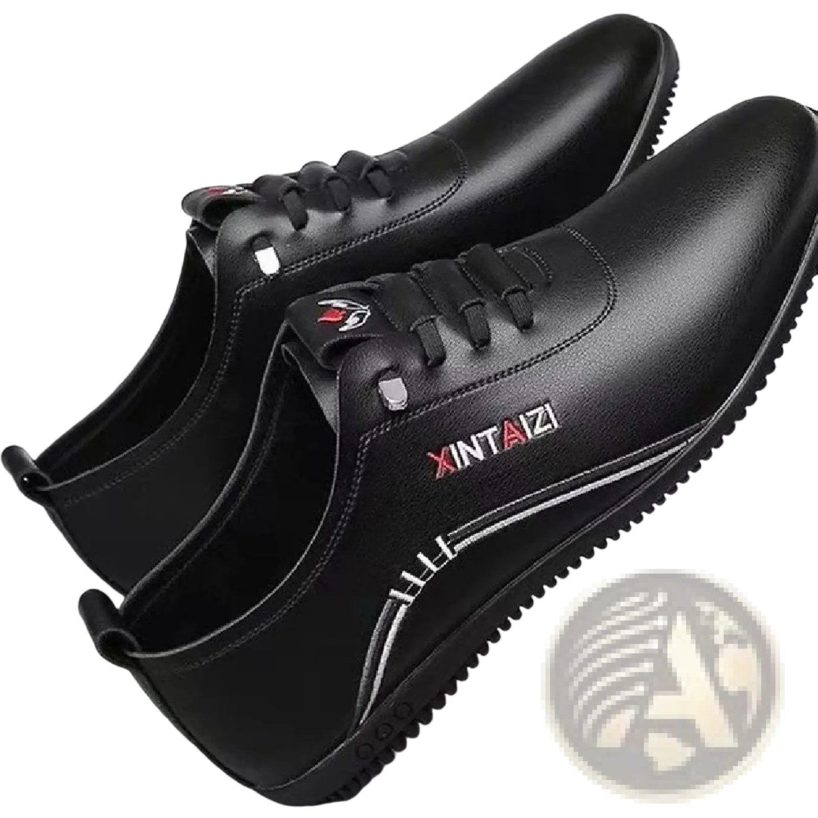 Black leather lace-up casual flat sneakers with lightweight breathable design and red and white branding on the side
