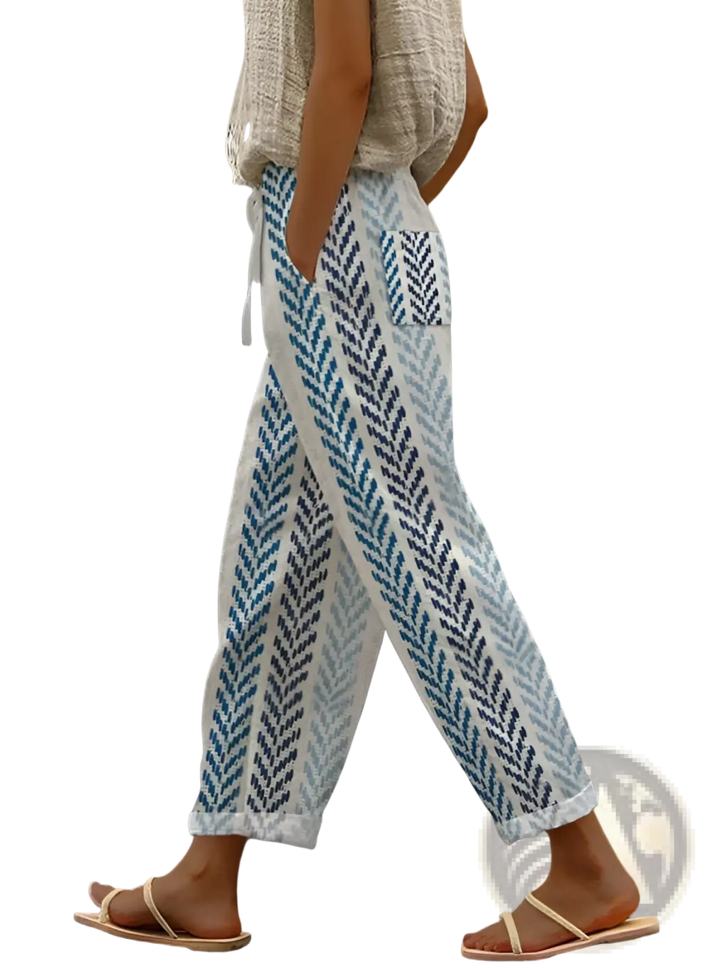 Light blue and white patterned cotton drawstring pocket pants with a woven leaf design for casual wear