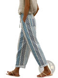 Light blue and white patterned cotton drawstring pocket pants with a woven leaf design for casual wear