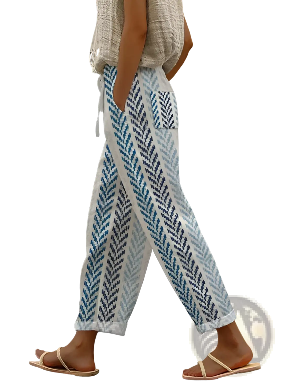 Light blue and white patterned cotton drawstring pocket pants with a woven leaf design for casual wear