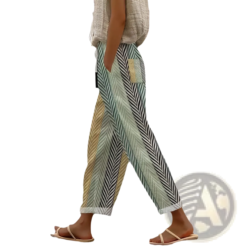Casual patterned drawstring pocket pants in light green and beige herringbone cotton with relaxed tapered fit