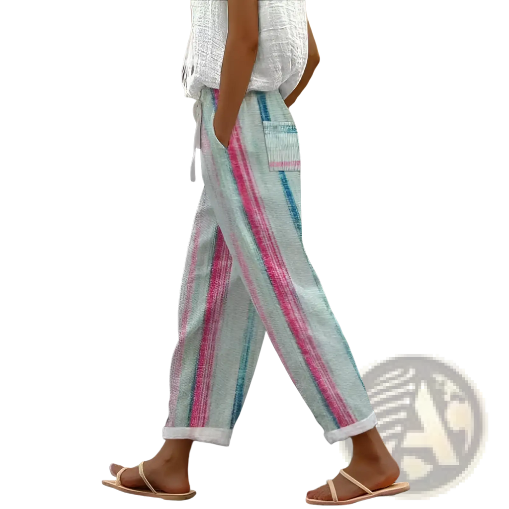 Lightweight casual patterned drawstring pocket pants with wide legs vertical stripes in mint green pink and teal