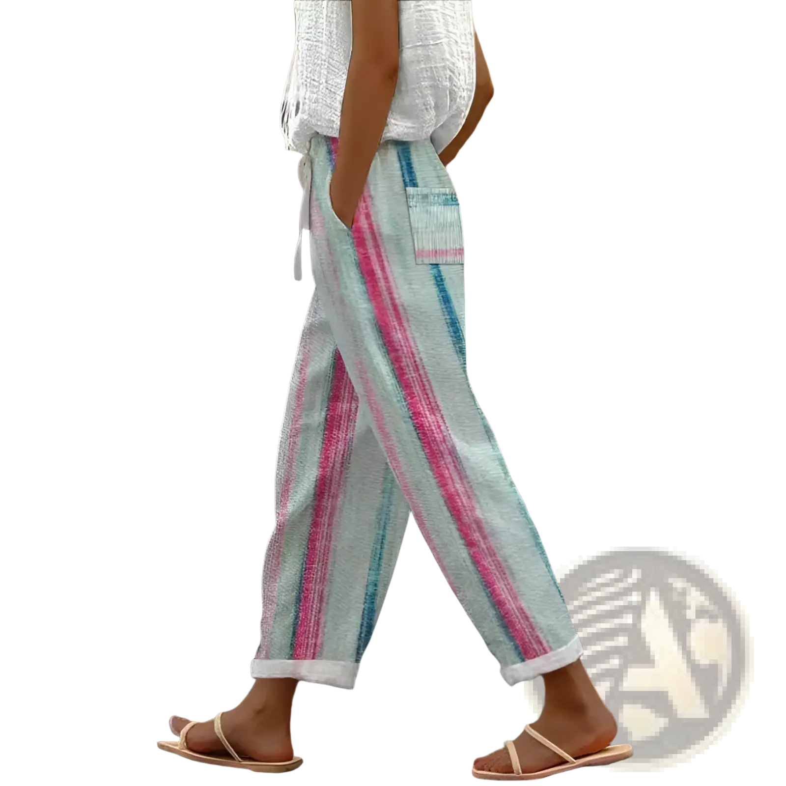 Lightweight casual patterned drawstring pocket pants with wide legs vertical stripes in mint green pink and teal
