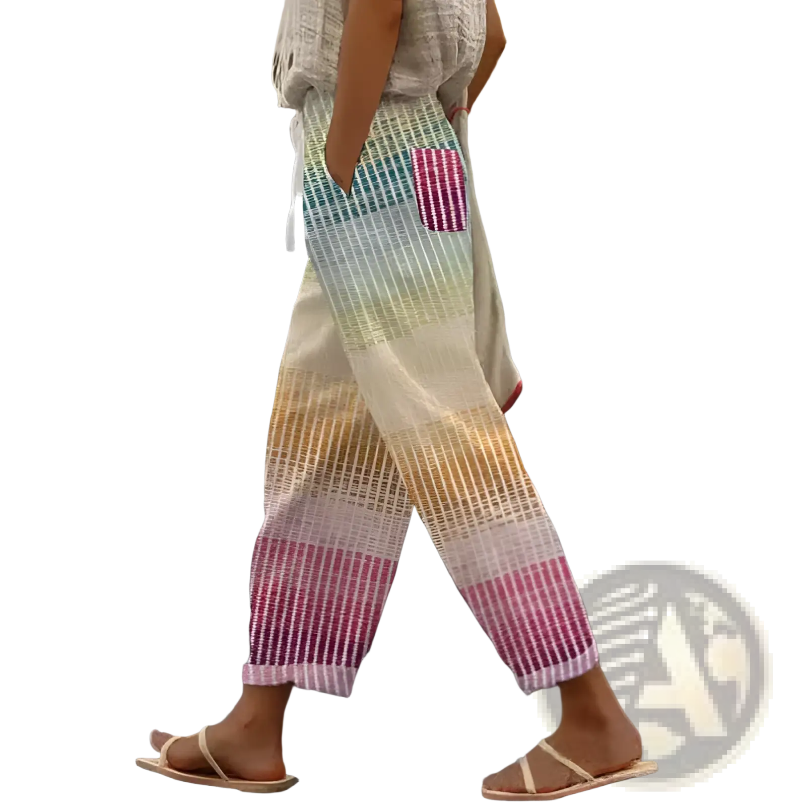 Casual patterned drawstring pocket pants featuring rainbow-striped woven fabric with a magenta and white patch pocket