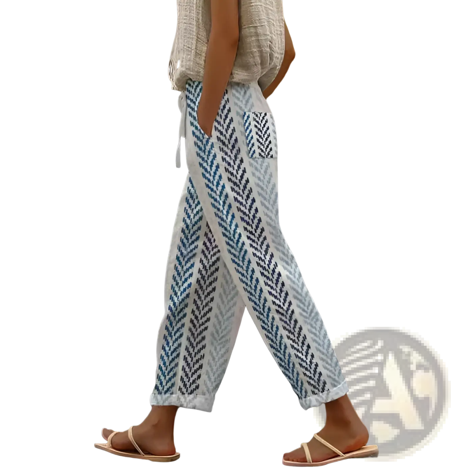 White linen casual patterned drawstring pocket pants with blue gray leaf pattern side pockets and rolled cuffs
