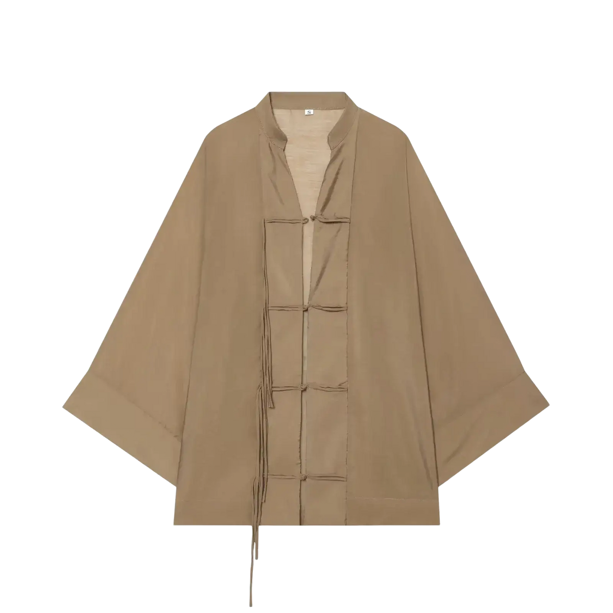 Beige loose-fitting jacket with wide sleeves and traditional chinese-style frog closures for casual shirts style