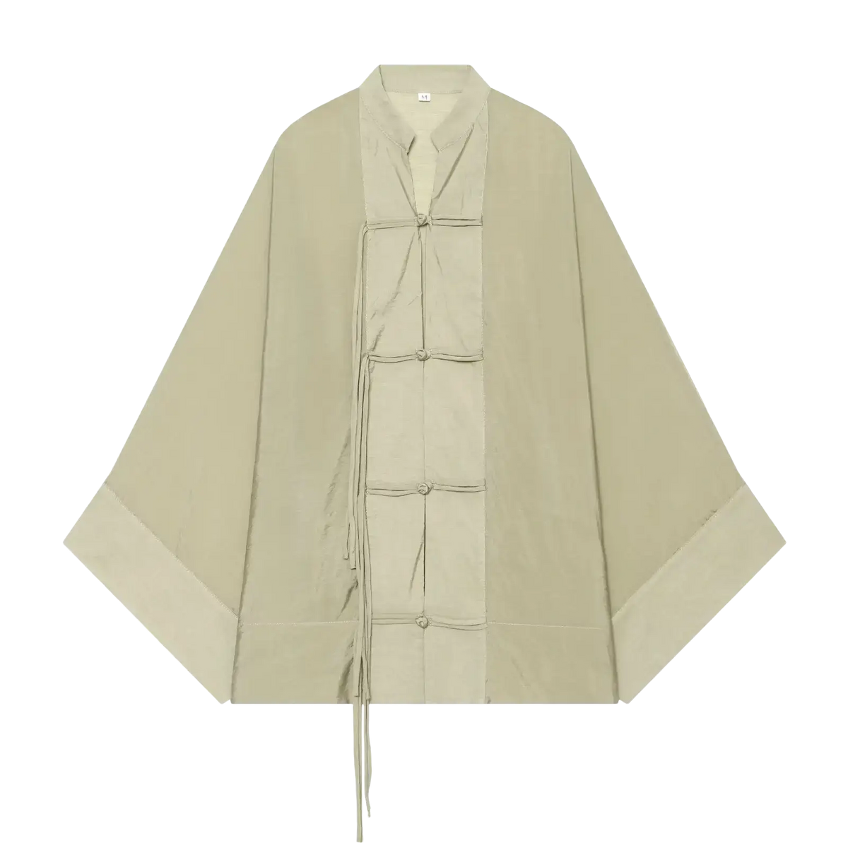 Beige silk-like cape with traditional chinese-style frog closures and wide flowing sleeves for casual shirts use