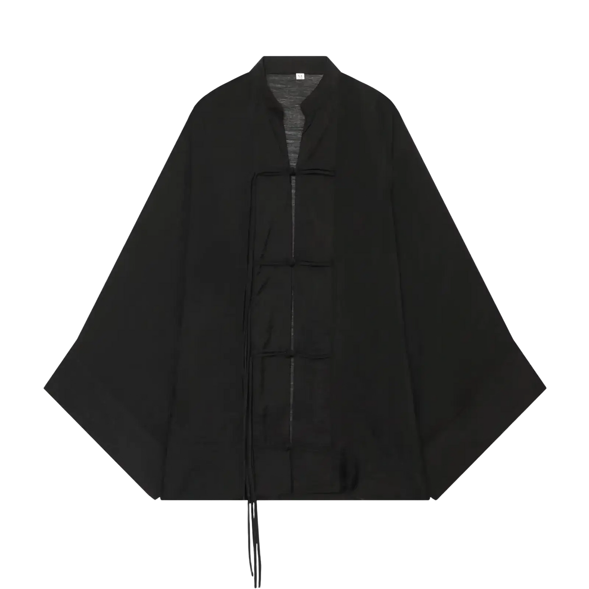 Black traditional-style jacket with wide sleeves and front closure using black fabric ties for casual shirts wear