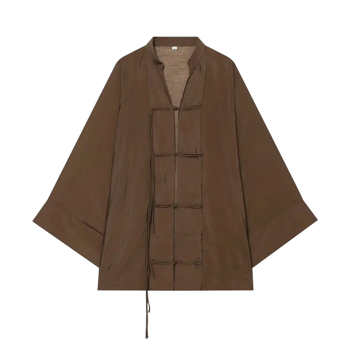 Brown loose-fitting casual shirt jacket with wide sleeves and traditional chinese-style frog closures