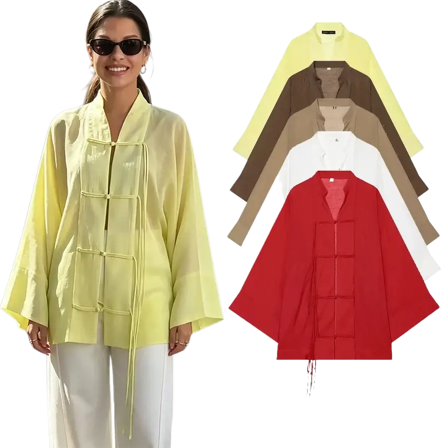 Light yellow sheer long sleeve blouse with traditional chinese frog closures and wide sleeves casual shirts style