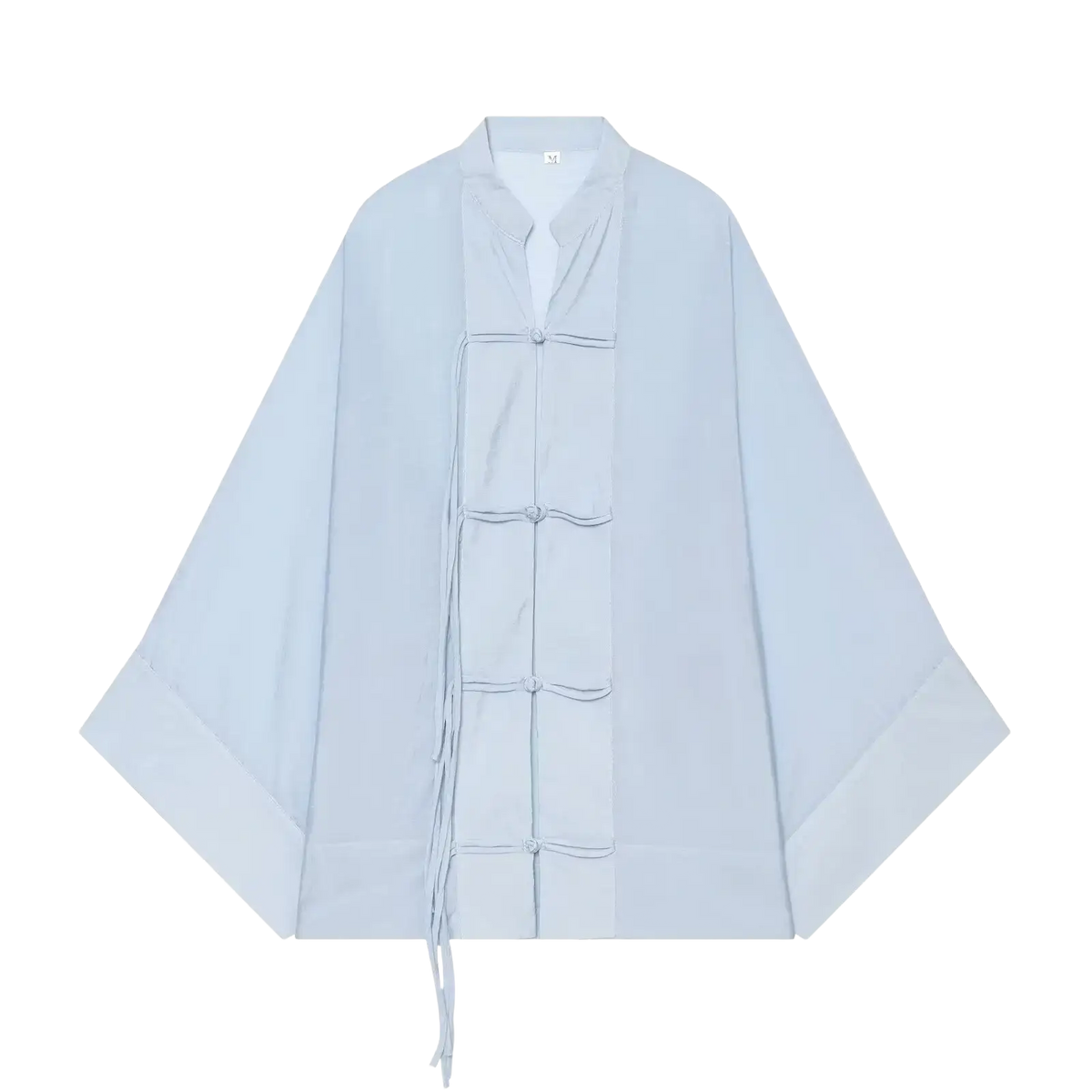 Light blue loose-fitting traditional chinese-style jacket with wide sleeves and fabric tie closure for casual shirts