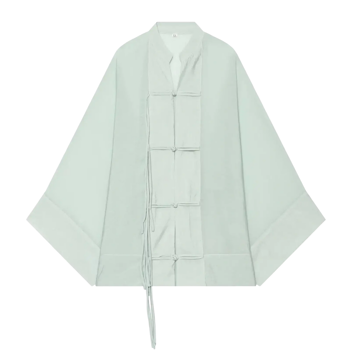 A pale mint green loose-fitting casual shirt with wide sleeves and front fabric tie closure in traditional style