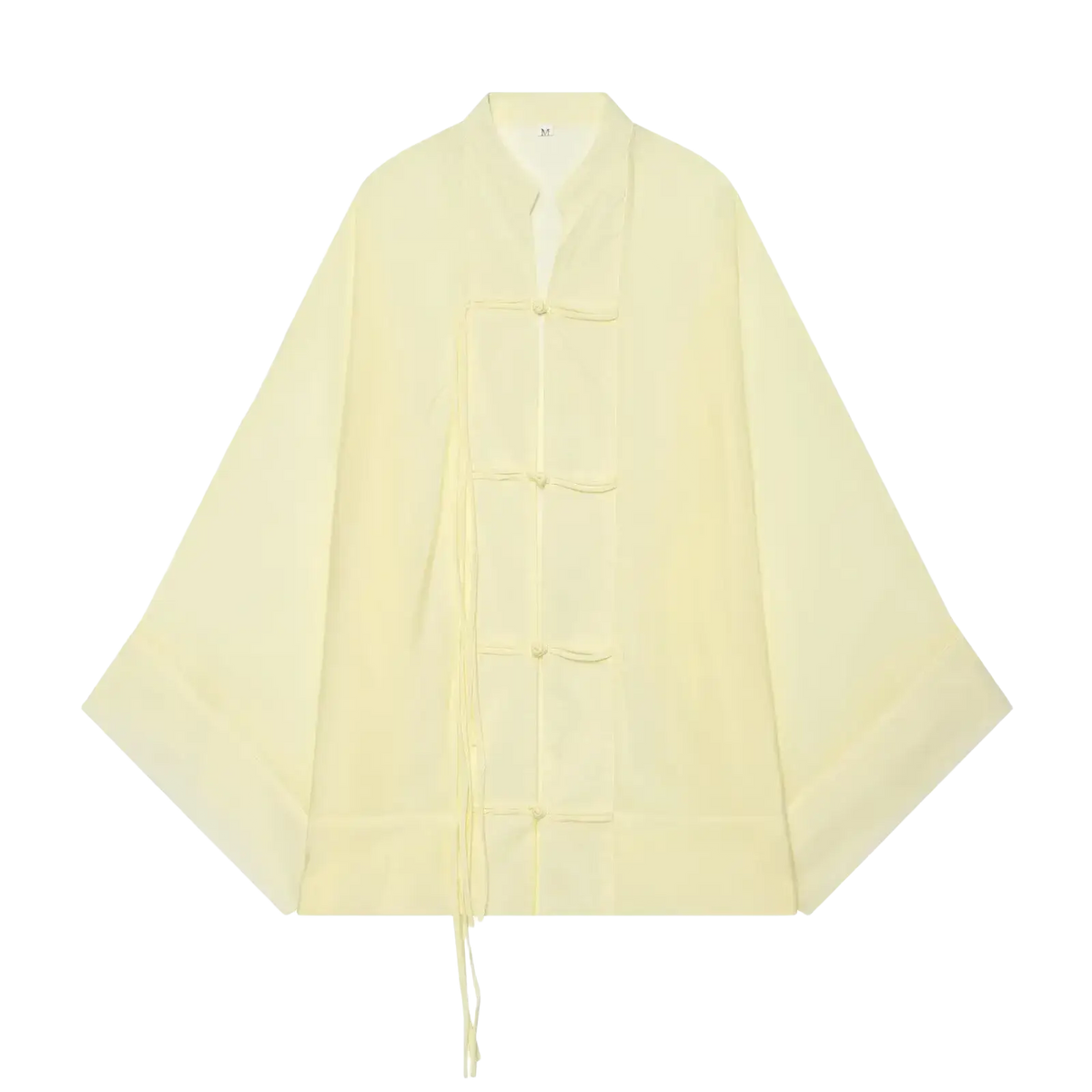 A pale yellow sheer casual shirt with long loose sleeves and button closures in traditional Chinese style