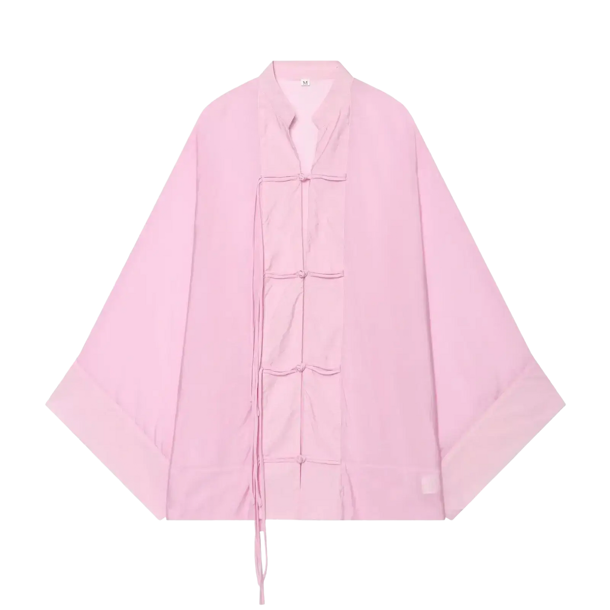 A soft pink traditional-style casual shirt with wide sleeves and tied fabric knot closure for a casual look