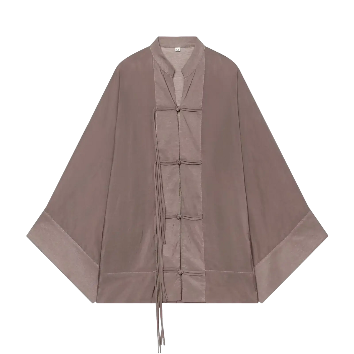 A taupe loose-fitting traditional casual shirt with wide sleeves and fabric tie closure for casual wear